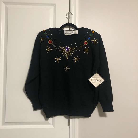 NWT Eva Cervantes Black Vintage Retro Rhinestone Embroidered Sweater Size Large - Picture 1 of 4